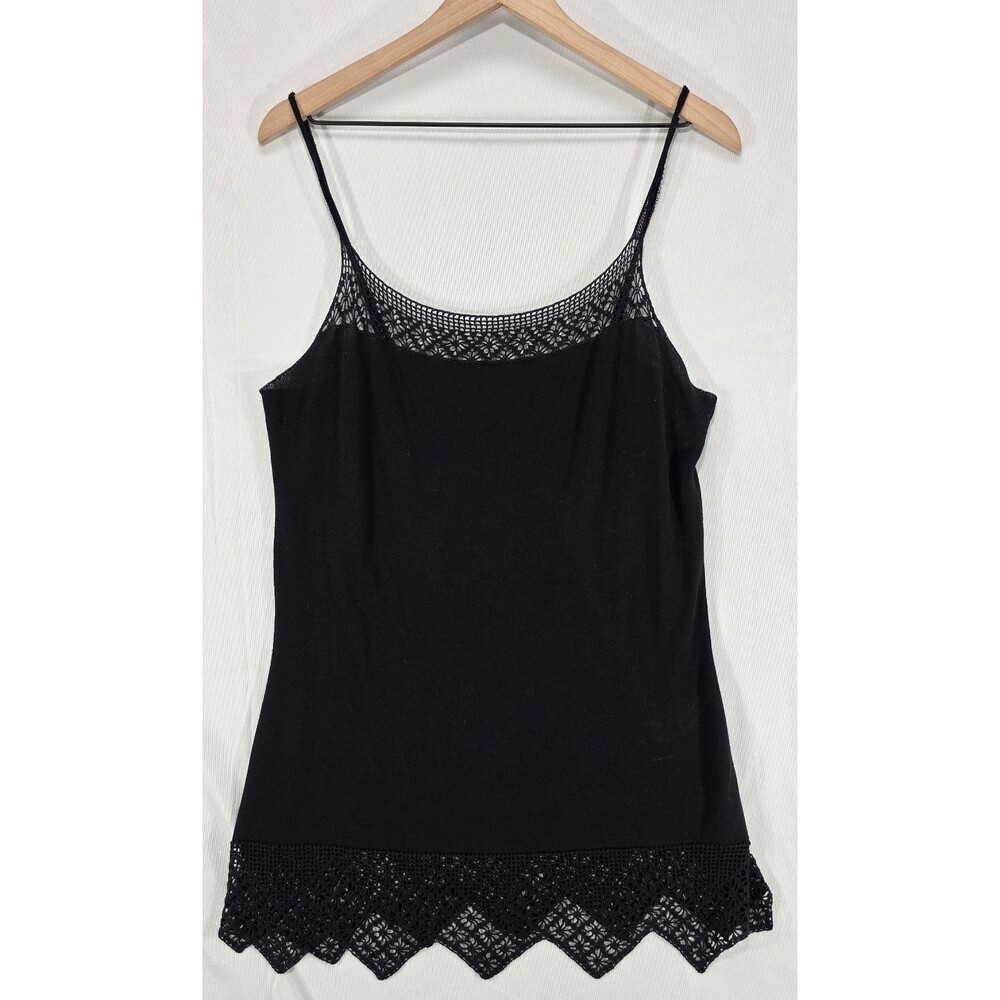 Vintage BCBG Max Azria Black Cami Tank Top Large Hanky Hem Crochet Lace 90s Y2K